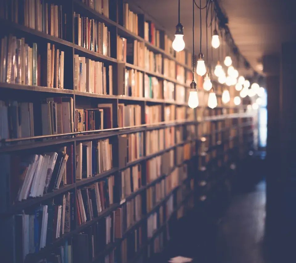 bibliothèque éclairée par des ampoules